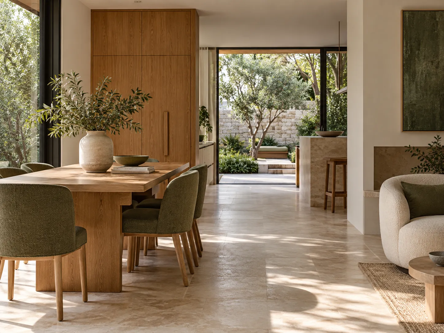 Oak dining area and limestone interior opening onto a leafy courtyard