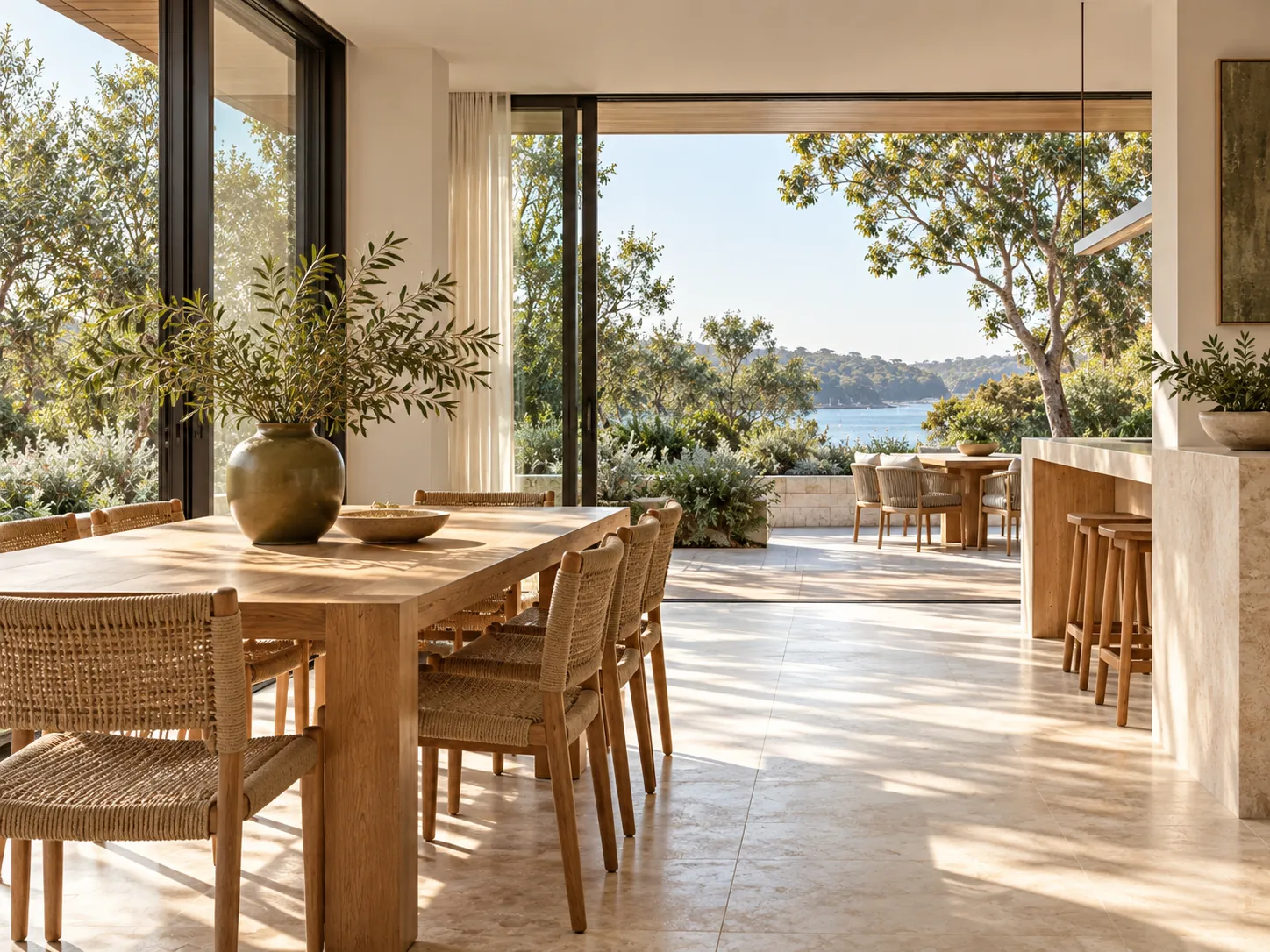 Oak dining area with woven chairs opening onto a leafy terrace and water outlook