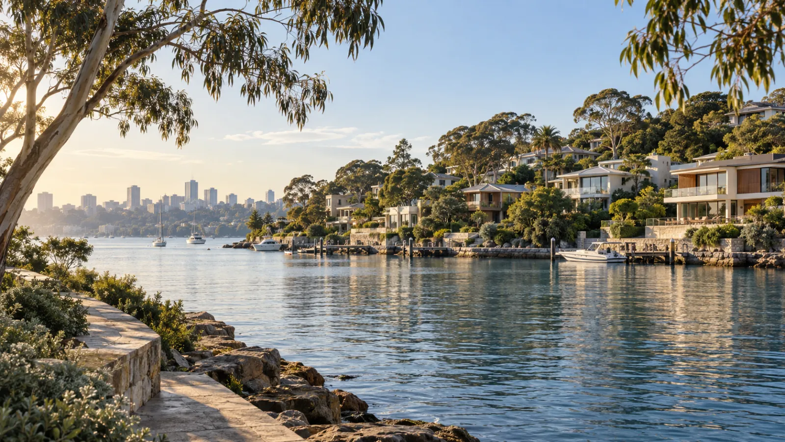 Australian-inspired waterfront neighbourhood with leafy residential buildings